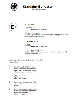 欧盟ECE-R110天然气车辆认证FITOK单向阀
